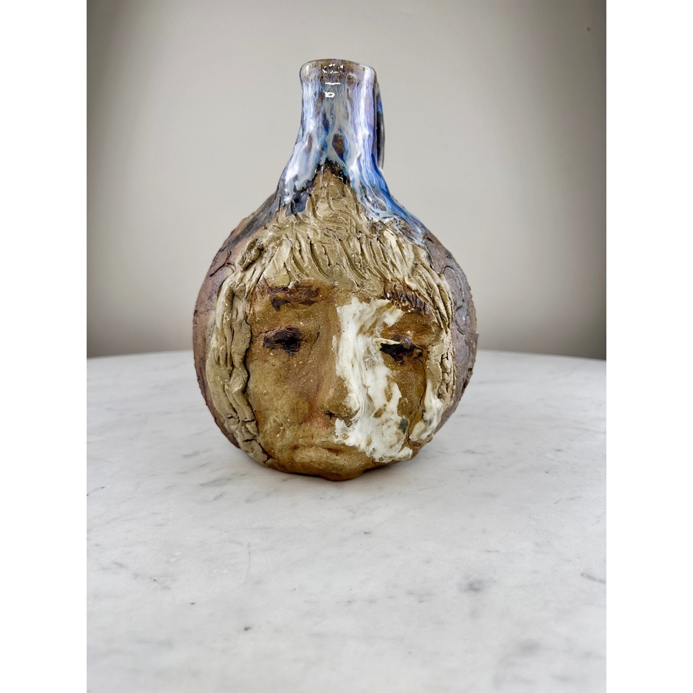 Condon Folk Art Pottery Face Jug Spirit of Women 1999 Brown Blue Excellent 9in‎